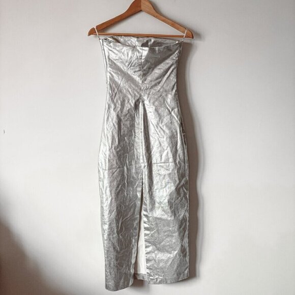 Zara Strapless Fitted Midi Dress Silver Metallic Size XS - Picture 9 of 12